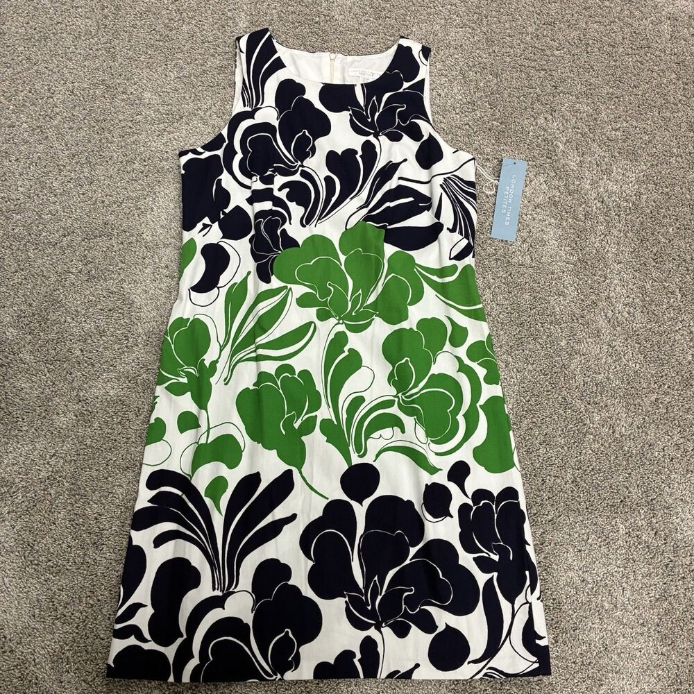 London Times Floral Sheath Dress Size 10P Green Navy Sleeveless NWT Classic